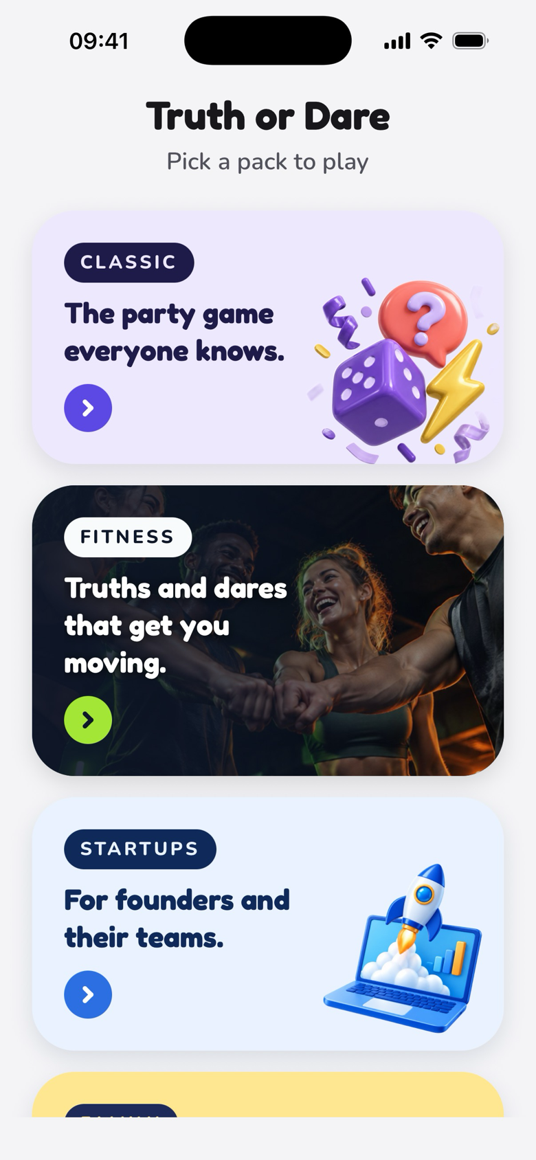 The Truth or Dare app's pack picker: Classic, Fitness, Startups and Family